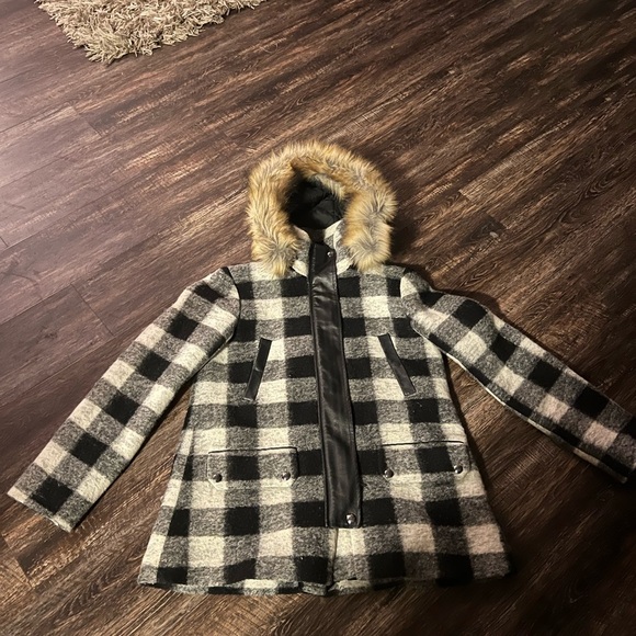 Joie Black and White Checkered Puffer Jacket with Faux Fur Hood - Picture 2 of 4